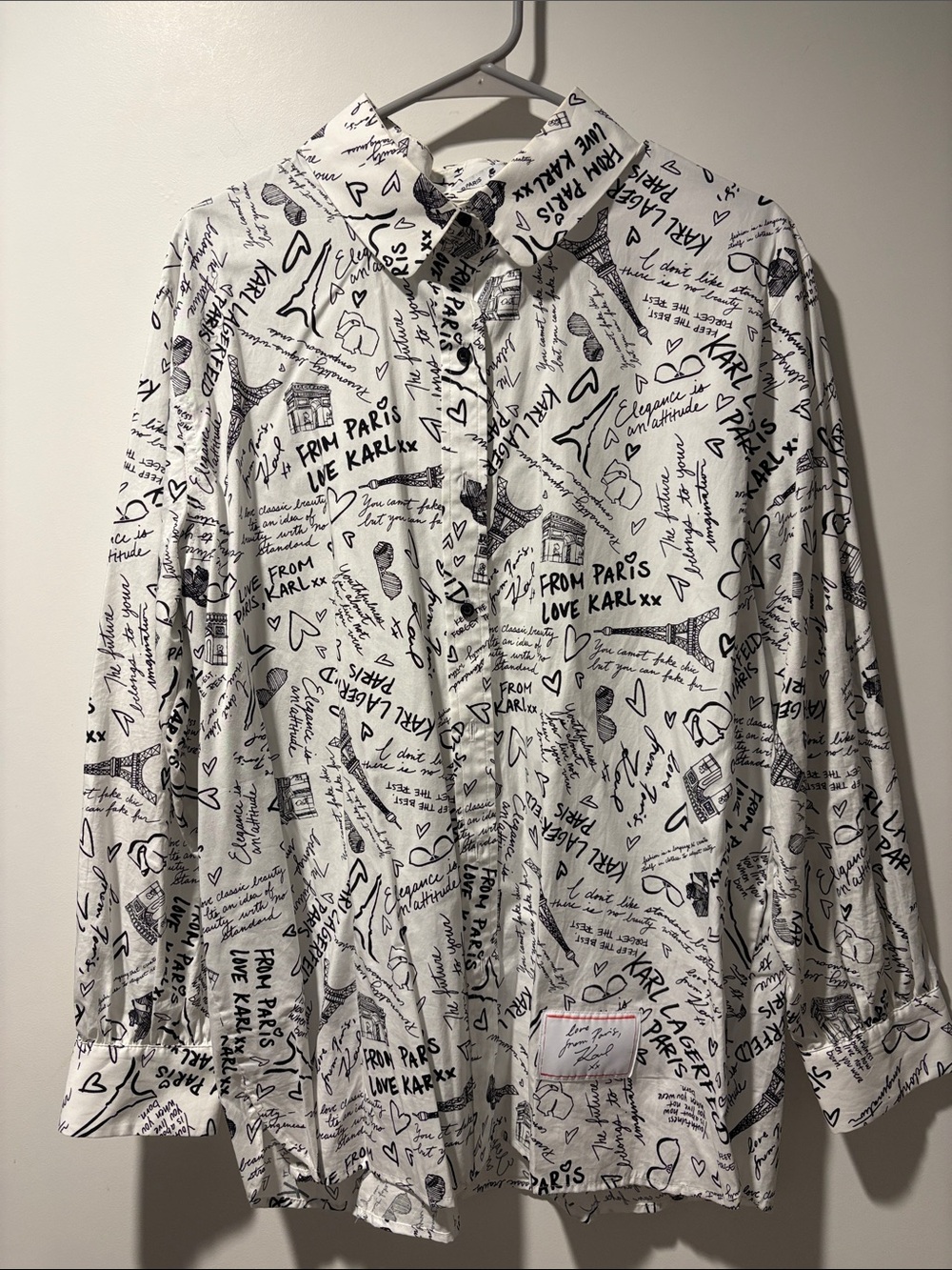Karl Lagerfeld Women’s Size Large White Button-Down Shirt w. Black Script Motif
